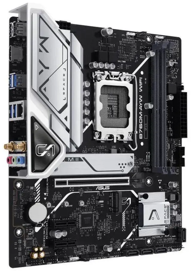 Alt view image 3 of 7 - ASUS B760M-AYW WIFI, Intel® B760 LGA 1700 mATX motherboard, PCIe 4.0, PCIe 4.0 M.2 slots, DDR5, Realtek 2.5Gb Ethernet, WiFi 6, HDMI, SATA 6 Gbps, front USB 3.2 Gen 1, Aura Sync