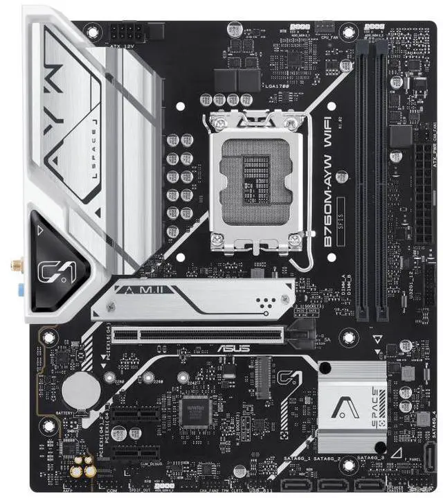 Alt view image 2 of 7 - ASUS B760M-AYW WIFI, Intel® B760 LGA 1700 mATX motherboard, PCIe 4.0, PCIe 4.0 M.2 slots, DDR5, Realtek 2.5Gb Ethernet, WiFi 6, HDMI, SATA 6 Gbps, front USB 3.2 Gen 1, Aura Sync