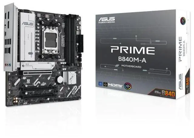 Main image of ASUS PRIME B840M-A AMD B840(AM5 Socket) microATX motherboard, DDR5, PCle 4.0 Ready, Realtek 2.5Gb wired LAN card, Dual DisplayPort, Rear/Front USB 5Gbps Type-c, BIOS FlashBack,AURA SYNC