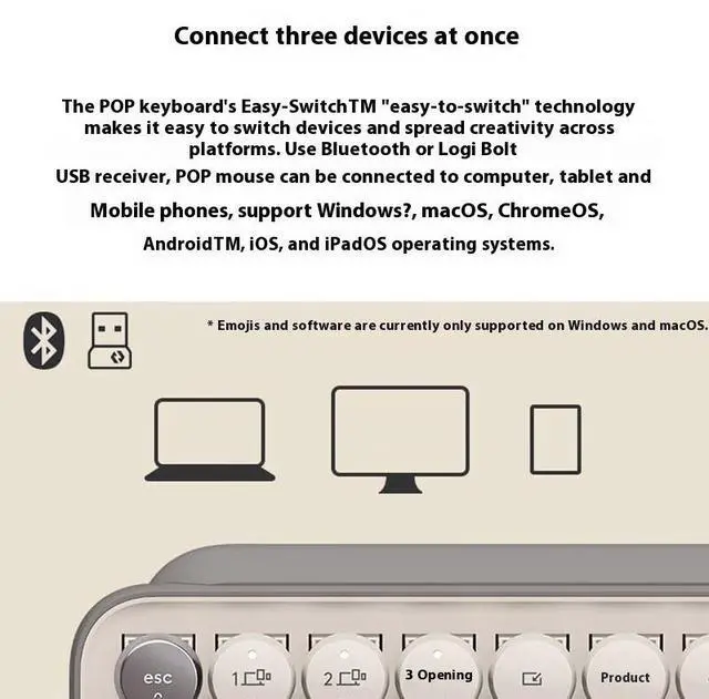 Alt view image 5 of 7 - Logitech POP Keys & Mouse Wireless Bundle (Smokey White) - Dual Mode Connectivity, Silent Touch Technology, 87-Key Compact Layout