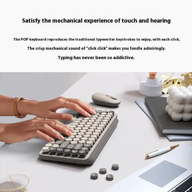 Alt view image 6 of 7 - Logitech POP Keys & Mouse Wireless Bundle (Smokey White) - Dual Mode Connectivity, Silent Touch Technology, 87-Key Compact Layout