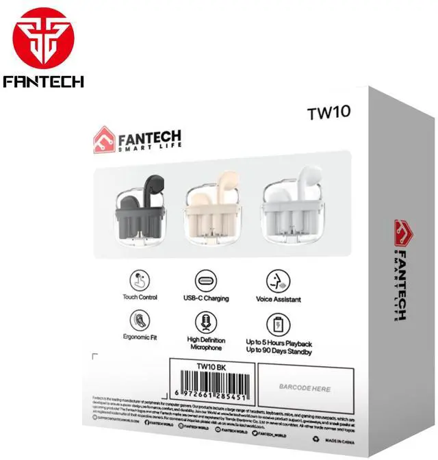 Alt view image 3 of 3 - FANTECH WAVE 10 TW10 White,Custom Tuned Driver,Touch Control,Voice Assisant,USB-C Charging,Ergonomic Fit,High Definition Microphone,5 Hours Playback,90 Days Standby,Type-C,White