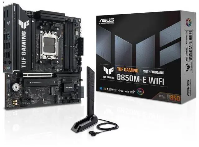 Main image of ASUS TUF GAMING B850M-E WIFI AMD B850 mATX motherboard AM5, three M.2 DisplayPort, rear USB10Gbps Type-Ceport, Bl0SFlashBack,Addressable RGB Gen2 headers, Aura Sync
