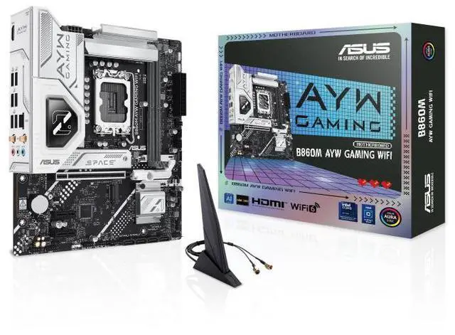 Main image of ASUS B860M AYW GAMING WIFI Intel B860 LGA1851 micro-ATXmotherboard, DDR5 slots, PCle 4.0, front USB 5GbpsType-c, 2 x M.2 slots, M.2 Q.Latch, PCle Slot Q-Release, Pre-mounted l/0 shield, Aura Sync