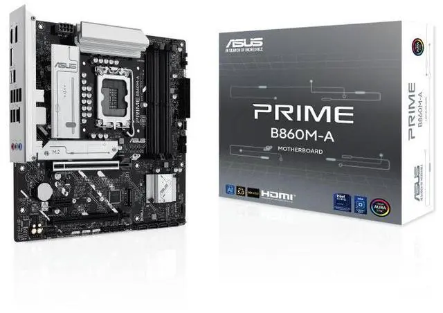 Main image of ASUS PRIME B860M-A Intel B860 (LGA 1851)mATXmotherboard,  DDR5, PCle 5.0x16 slot, dual DisplayPort,rear USB 20Gbps port Type-c 2 x M.2 slots, Realtek2.5Gb Ethernet, SATA 6 Gbps, Aura Sync