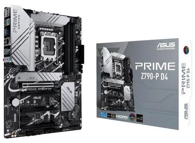 Main image of ASUS PRIME Z790-P D4, Z790 LGA 1700 ATX motherboard supports PCIe® 5.0, 3 M.2 slots, 14(50A)+1(60A)+1 Power, DDR4, Realtek 2.5G wired LAN, HDMI®, DP, USB 3.2 Gen 2x2 Type-C®, Aura Sync