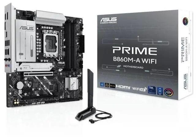 Main image of ASUS PRIME B860M-A WIFI Intel B860 (LGA 1851)mATXmotherboard, Advanced Al PC-ready, DDR5, PCle 5.0x16 SafeSlot, dual DisplayPort,rear USB 20Gbps portType-c,2 x M.2 slots,SATA 6Gbps,Aura Sync