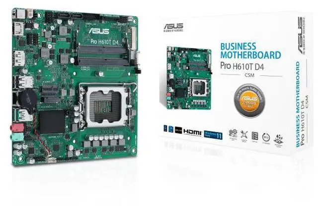 Main image of ASUS Pro H610T D4-CSM supports Intel socket LGA1700 for 14th,13th and 12th Gen Intel processors,USB 3.2 Gen 2,M.2 PCIe 4.0 slot, M.2 key E slot, ASUS Control Center Express(ACCE).