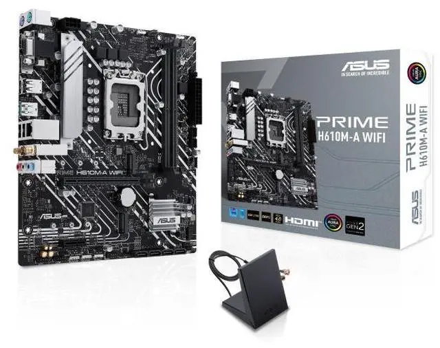 Main image of ASUS PRIME H610M-A WIFI Intel H610 (LGA 1700) mATX motherboard with DDR5, dual M.2 slots, Intel 1Gb Ethernet, WIFI 5,DisplayPort, USB 3.2 Gen 2 ports, Addressable Gen 2 headers,Aura Sync