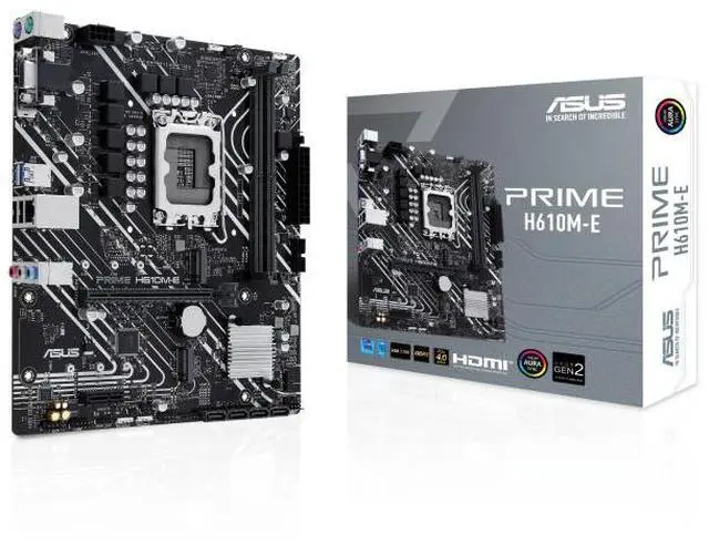 Main image of ASUS PRIME H610M-E Intel H610 (LGA 1700) mATX motherboard PCIe 4.0, dual M.2 slots , DDR5, Realtek 1Gb Ethernet, DisplayPort ,VGA, SATA 6 Gbps, front USB 3.2 Gen 1, Aura Sync