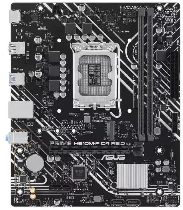 Alt view image 2 of 7 - ASUS PRIME H610M-F D4 R2.0 Intel H610 (LGA 1700) micro-ATX motherboard PCIe 4.0, DDR4, M.2 slot, Realtek 1Gb Ethernet, HDMI, SATA 6 Gbps, USB 5Gbps ports