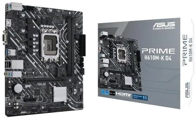 Main image of ASUS PRIME H610M-K D4 Intel H610 (LGA 1700) mic-ATX motherboard, DDR4, PCIe 4.0, M.2 slot, Realtek 1 Gb Ethernet, HDMI/D-Sub, USB 3.2 Gen 1 ports, SATA 6 Gbps, COM header, 5X PROTECTION III
