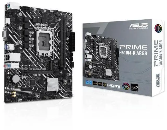 Main image of ASUS PRIME H610M-K ARGB Intel H610 (LGA 1700) micro-ATX motherboard, DDR5, PCIe 4.0, M.2 slot, Realtek 1 Gb Ethernet, SATA 6 Gbps, Addressable Gen 2 headers, Aura Sync