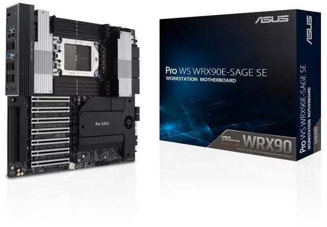 Main image of ASUS Pro WS WRX90E-SAGE SE AMD sTR5 EEB workstation motherboard, seven PCIe 5.0 x16 slots, 32+3+3+3 power stages, CPU and memory overclocking, 4 PCIe 5.0 M.2 slots, dual 10 Gb LAN, PCIe Q-release Slim