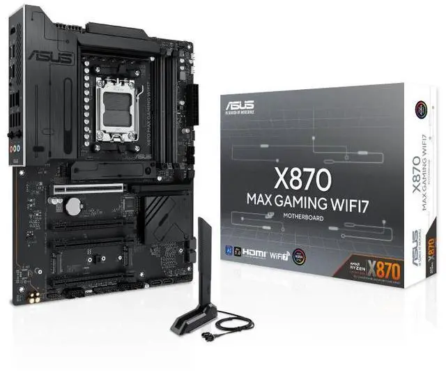 Main image of ASUS X870 MAX GAMING WIFI7 AMD X870 (AM5 Socket) ATX motherboard,DDR5,three M.2 slots,Realtek 2.5Gb Ethernet,USB 40Gbps,front USB 20Gbps Type-C connector,SATA 6Gbps ports,PCIe Slot Q-Release,Aura Sync