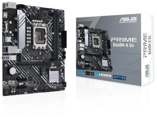 Main image of ASUS PRIME B660M-K D4 Intel B660 (LGA 1700) mATX motherboard with PCIe 4.0, two M.2 slots, DDR4, HDMI, D-Sub, Realtek 1Gb Ethernet, front USB 3.2 Gen 1, ASUS Lighting Control