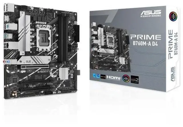 Main image of ASUS Prime B760M-A D4 Intel B760 (LGA 1700)(13th and 12th Gen) mATX Motherboard, PCIe 4.0, 2xM.2 Slots,2.5Gb LAN, DisplayPort,Dual HDMI,Rear USB 3.2 Gen 2, Front 1 Type-C, Aura Sync