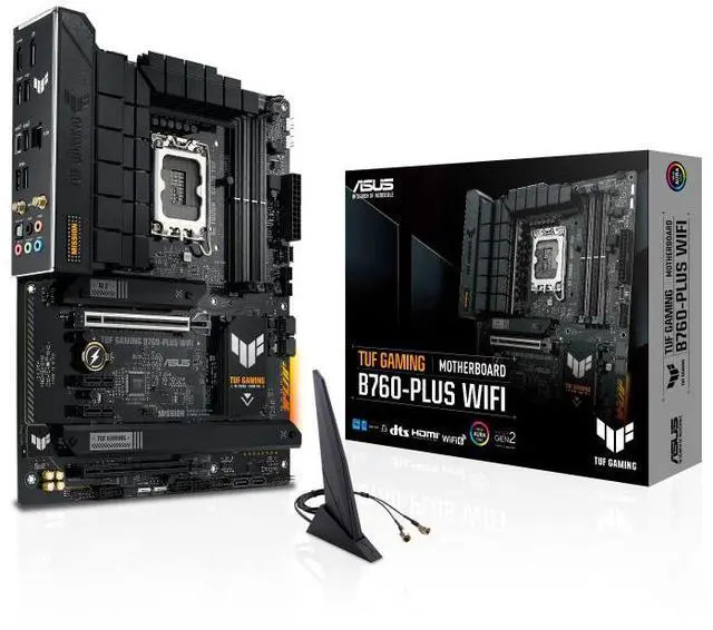 Main image of ASUS TUF GAMING B760-PLUS WIFI Intel B760 (LGA 1700) ATX motherboard, DDR5, three PCIe 4.0 M.2 slots, 12+1 DrMOS, Realtek 2.5Gb Ethernet, DisplayPort, HDMI, front USB 3.2 Gen 2 Type-C, Aura Sync