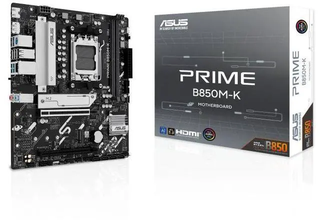 Main image of ASUS PRIME B850M-K AMD B850 mATX motherboard, AM5, PCIe 5.0 Ready, two M.2 slots, Realtek 2.5Gb Ethernet, DisplayPort, HDMI, rear USB 10Gbps Type-A, front USB 5Gbps Type-C, BIOS FlashBack, Aura Sync