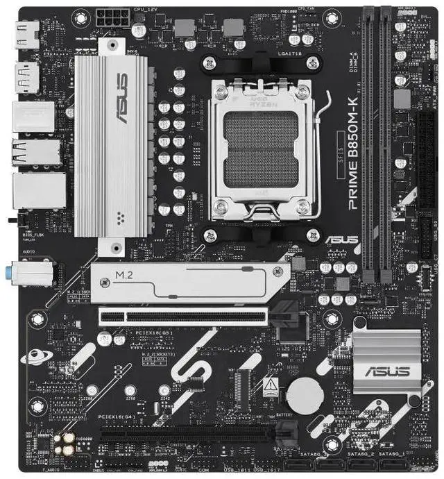 Alt view image 2 of 7 - ASUS PRIME B850M-K AMD B850 mATX motherboard, AM5, PCIe 5.0 Ready, two M.2 slots, Realtek 2.5Gb Ethernet, DisplayPort, HDMI, rear USB 10Gbps Type-A, front USB 5Gbps Type-C, BIOS FlashBack, Aura Sync