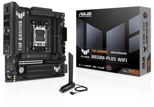 Main image of ASUS TUF Gaming B850M-PLUS WiFi AMD AM5 B850 mATX Motherboard, 14+2+1 80A DrMOS Stages, DDR5, PCIe 5.0, 3X M.2, Wi-Fi 6E, 2.5Gb LAN, DP, HDMI, USB 10Gbps & 20Gbps Type-C, BIOS Flashback, Aura Sync