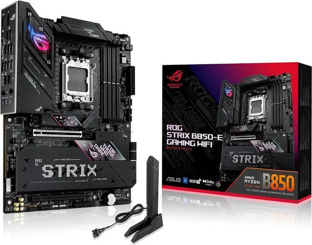 Main image of ASUS ROG Strix B850-E Gaming WiFi AMD AM5 B850 ATX Motherboard 16+2+2 Stages, Dynamic OC, Core Flex,DDR5 w/AEMP, WiFi 7, 5X M.2, 5G LAN, PCIe 5.0,USB4, USB 20Gbps Type-C,AI OC, AI Networking,Black