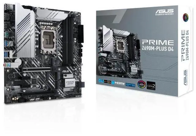 Main image of ASUS PRIME Z690M-PLUS D4 Intel Z690 (LGA 1700) mATX motherboard,PCIe 5.0,three M.2 slots,10+1 DrMOS, DDR4,DisplayPort,Intel 1 Gb Ethernet,USB 3.2 Gen 2x2 Type-C,front USB 3.2 Gen 1 Type-C,Aura Sync