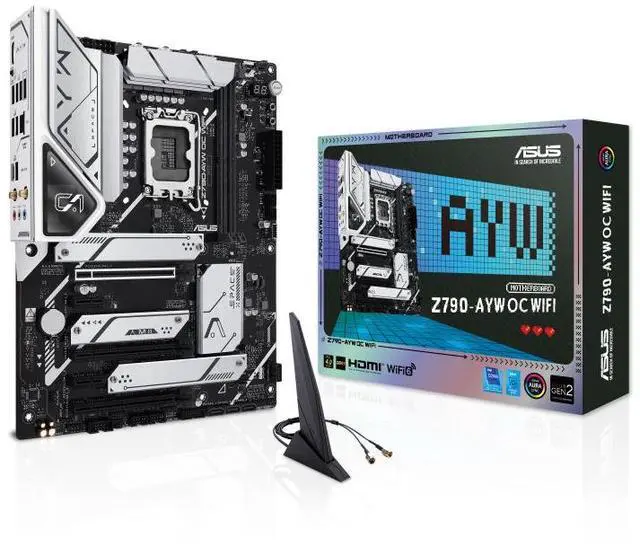 Main image of ASUS Z790-AYW OC WIFI Intel Z790 LGA 1700 ATX motherboard, PCIe 4.0,three PCIe 4.0 M.2 slots,DDR5,Realtek 2.5Gb Ethernet,WiFi 6,HDMI,SATA 6 Gbps,USB 10Gbps TypeC,two-way AI Noise Cancelation,Aura Sync