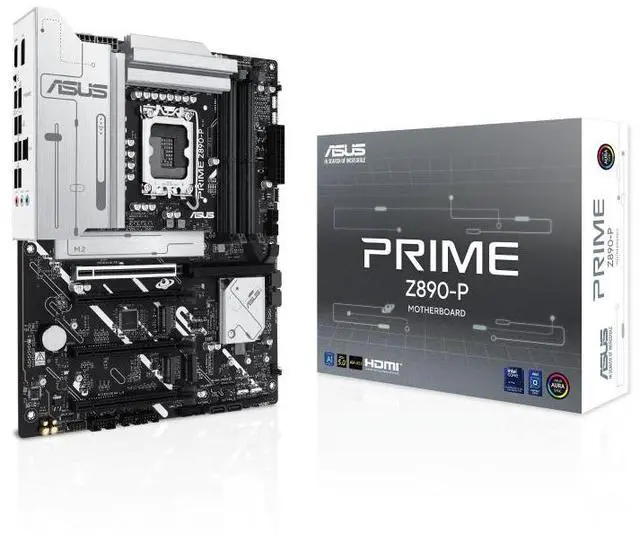 Main image of ASUS PRIME Z890-P Intel Z890 (LGA 1851) ATX motherboard, DDR5 slots,PCIe 5.0,DisplayPort,HDMI,USB 20Gbps,4 x M.2 slots,Realtek 2.5 Gb Ethernet,PCIe Slot Q-Release,Pre-mounted I/O shield,Aura Sync