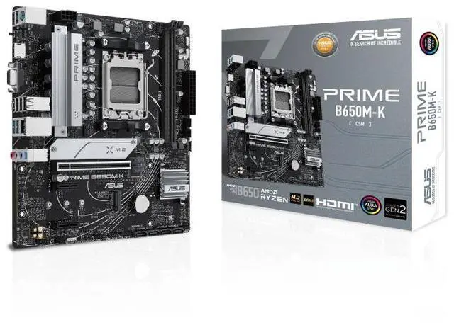 Main image of ASUS PRIME B650M-K-CSM ASUS PRIME B650M-K-CSM AMD B650 (Ryzen AM5) micro ATX motherboard,DDR5 support,two M.2 slots, 2.5 Gb LAN,USB 3.2 Gen 2 ports,front USB 3.2 Gen 1 Type-C,BIOS FlashBack, Aura Sync