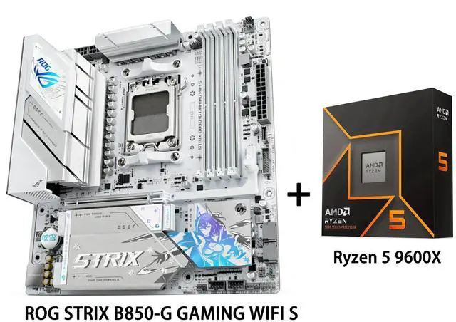 Main image of ASUS ROG Strix B850-G Gaming WiFi S Motherboard & AMD Ryzen 5 9600X CPU Combo, AMD AM5 B850 mATX white Motherboard, DDR5 WIFI 7,4x M.2, PCIe 5.0 x16, USB 20Gbps Type-C, Ryzen 5 9000 Series