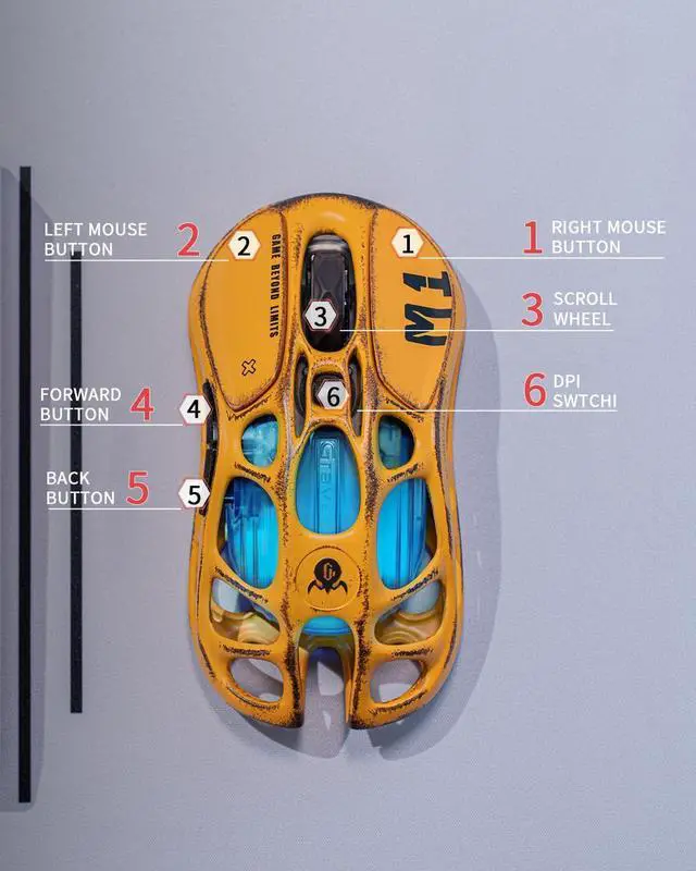 Alt view image 4 of 4 - GravaStar Mercury M1 Pro Gaming Mouse, Lightweight Magnesium Alloy, 26,000 DPI, PAW3395DM Sensor, 5 Programmable Buttons, Support Wired/2.4GHz/BT, Up to 200 Hours Battery Life , Battle-Yellow