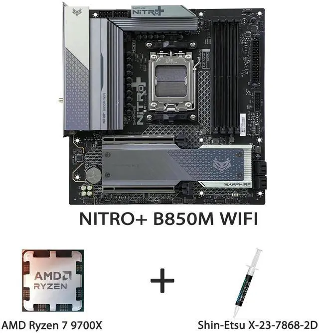 Main image of Sapphire NITRO+ B850M WIFI AM5 mATX Motherboard + AMD Ryzen 7 9700X 8-Core 16-Thread Zen5 Processor Combo, 12+2+1 Power Stage, PCIe 5.0 M.2, WiFi 6E, 2.5G LAN, DDR5 Overclocking, Enhanced Gaming Cool