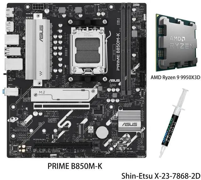 Main image of ASUS PRIME B850M-K Motherboard & AMD Ryzen 9 9950X3D CPU Combo, AMD B850 mATX motherboard, AM5, PCIe 5.0 Ready, two M.2 slots, Realtek 2.5Gb Ethernet, rear USB 10Gbps Type-A, front USB 5Gbps Type-C