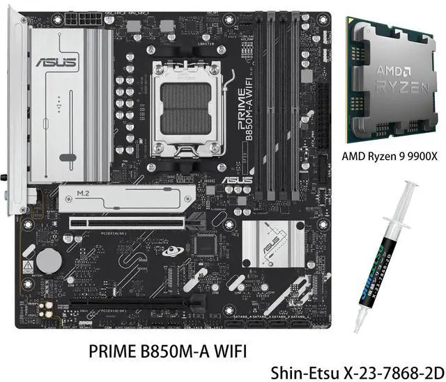 Main image of ASUS PRIME B850M-A WIFI Motherboard & AMD Ryzen 9 9900X CPU Combo, AMD B850 (AM5 Socket) micro-ATX, PCIe 5.0 Ready,three M.2 slots,Wi-Fi 6E,Realtek 2.5Gb Ethernet,front USB 5Gbps Type-C support