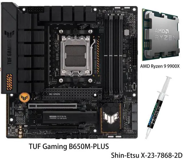 Main image of ASUS TUF Gaming B650M-PLUS Motherboard & AMD Ryzen 9 9900X CPU Combo, AMD AM5 (Ryzen 7000, Micro-ATX, PCIe 5.0, DDR5 Memory, 14 Power Stages, USB 3.2 Gen 2x2 Type-C, 2.5G Ethernet, Aura Sync)