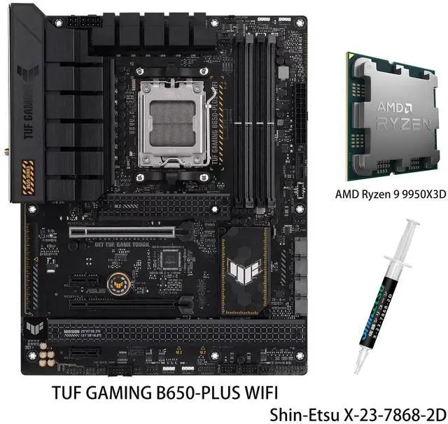 Main image of ASUS TUF GAMING B650-PLUS WIFI Motherboard & AMD Ryzen 9 9950X3D CPU Combo, AMD B650 AM5 Ryzen Desktop 9000 8000 and 7000 ATX motherboard, 14 power stages, PCIe® 5.0 M.2, WiFi 6 and 2.5 Gb Ethernet