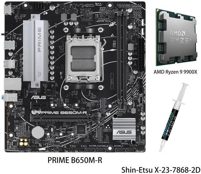 Main image of ASUS PRIME B650M-R Motherboard & AMD Ryzen 9 9900X CPU Combo, AMD B650 Micro-ATX ,AM5,PCIe 4.0 ,Realtek 2.5Gb Ethernet, SATA 6 Gbps, USB 5Gbps Type-C®, Two-Way AI Noise Cancelation, Aura Sync
