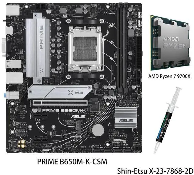 Main image of ASUS PRIME B650M-K-CSM Motherboard & AMD Ryzen 7 9700X CPU Combo, AMD B650 (Ryzen AM5) micro ATX motherboard, two M.2 slots, 2.5 Gb LAN,USB 3.2 Gen 2 ports,front USB 3.2 Gen 1 Type-C