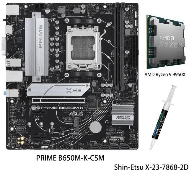 Main image of ASUS PRIME B650M-K-CSM Motherboard & AMD Ryzen 9 9950X CPU Combo, AMD B650 (Ryzen AM5) micro ATX motherboard, two M.2 slots, 2.5 Gb LAN,USB 3.2 Gen 2 ports,front USB 3.2 Gen 1 Type-C