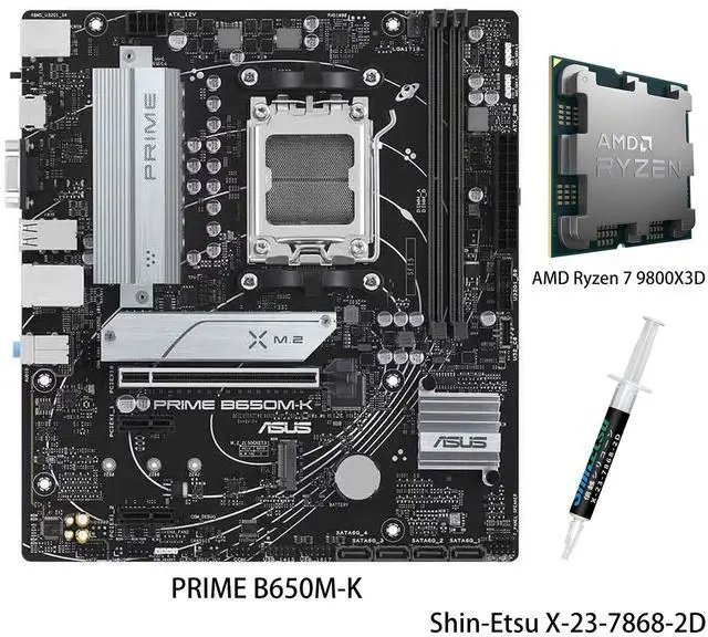Main image of Asus PRIME B650M-K Motherboard & AMD Ryzen 7 9800X3D CPU Combo, Micro-ATX motherboard with DDR5 PCIe 5.0 M.2 2.5Gb