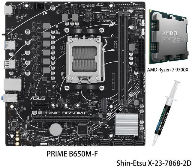 Main image of ASUS PRIME B650M-F Motherboard & AMD Ryzen 7 9700X CPU Combo, B650 micro-ATX motherboard,AM5,DDR5,PCIe 4.0, M.2 slot,Realtek 1Gb wired LAN,HDMI,USB 5Gbps Type-A,SATA 6 Gbps