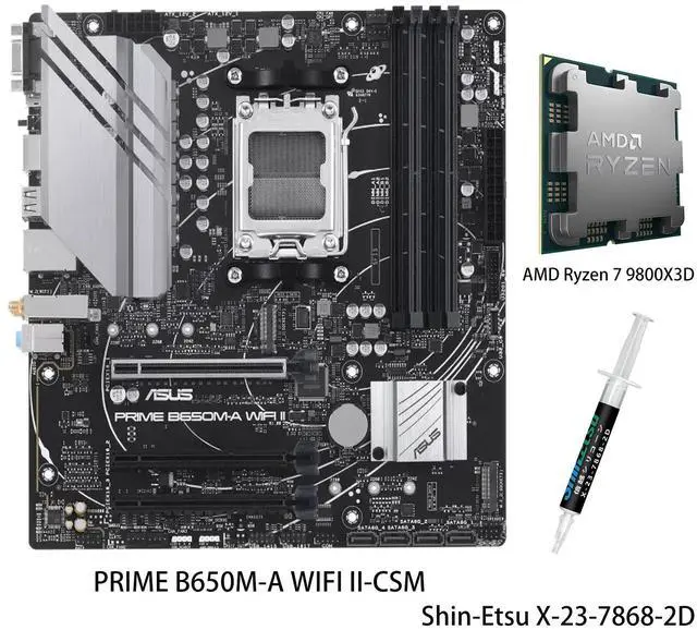 Main image of ASUS PRIME B650M-A WIFI II-CSM Motherboard & AMD Ryzen 7 9800X3D CPU Combo, AMD B650 Mini-ITX Motherboard, DDR5, PCIe 5.0 M.2, Wi-Fi 6, DisplayPort, VGA, HDMI®, SATA 6 Gbps