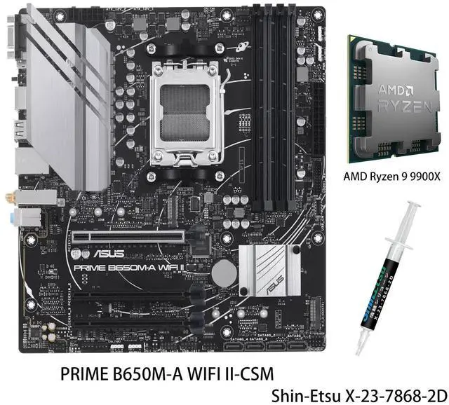 Main image of ASUS PRIME B650M-A WIFI II-CSM Motherboard & AMD Ryzen 9 9900X CPU Combo, AMD B650 Mini-ITX Motherboard, DDR5, PCIe 5.0 M.2, Wi-Fi 6, DisplayPort, VGA, HDMI®, SATA 6 Gbps