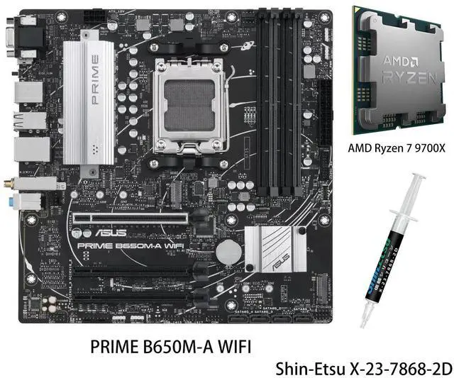 Main image of PRIME B650M-A WIFI Motherboard & AMD Ryzen 7 9700X CPU Combo, AMD B650 Micro-ATX motherboard, DDR5,PCIe 5.0 M.2, Realtek 2.5G NIC,Wi-Fi 6,SATA 6 Gbps,USB 3.2 Gen 2 ports,Front USB 3.2 Gen 1 Type-C®
