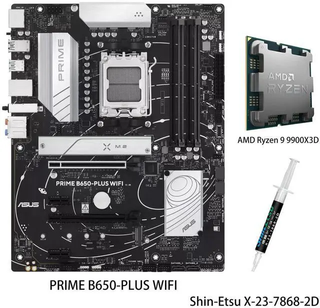 Main image of ASUS PRIME B650-PLUS WIFI Motherboard & AMD Ryzen 9 9900X3D CPU Combo,AMD B650 AM5 Ryzen Desktop 9000 8000 & 7000 ATX,PCIe 5.0 M.2,2.5Gb LAN,WIFI 6E,SATA 6 Gbps,USB Type-C®,Thunderbolt 4 Header