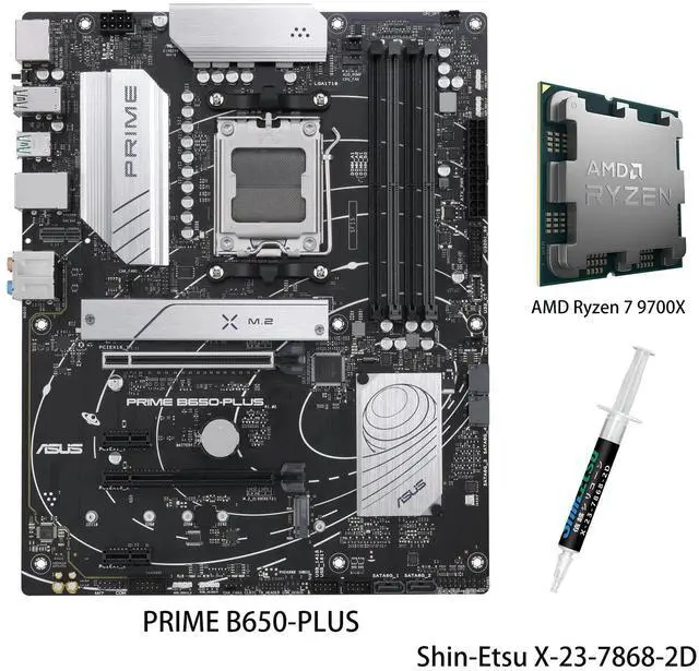 Main image of ASUS PRIME B650-PLUS Motherboard & AMD Ryzen 7 9700X CPU Combo, AMD B650 AM5 ATX, DDR5, PCIe 5.0 M.2, 2.5Gb LAN, DP, HDMI®, SATA 6Gbps, USB 3.2 Gen 2 & 1 Type-C®, BIOS FlashBack, USB4® support