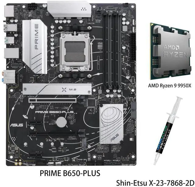 Main image of ASUS PRIME B650-PLUS Motherboard & AMD Ryzen 9 9950X CPU Combo, AMD B650 AM5 ATX, DDR5, PCIe 5.0 M.2, 2.5Gb LAN, DP, HDMI®, SATA 6Gbps, USB 3.2 Gen 2 & 1 Type-C®, BIOS FlashBack, USB4® support