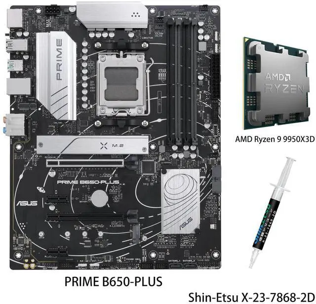 Main image of ASUS PRIME B650-PLUS Motherboard & AMD Ryzen 9 9950X3D CPU Combo, AMD B650 AM5 ATX, DDR5, PCIe 5.0 M.2, 2.5Gb LAN, DP, HDMI®, SATA 6Gbps, USB 3.2 Gen 2 & 1 Type-C®, BIOS FlashBack, USB4® support