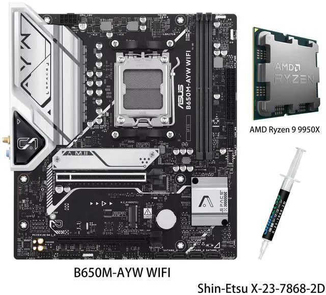 Main image of B650M-AYW WIFI Motherboard & AMD Ryzen 9 9950X CPU Combo, AMD B650 Micro-ATX motherboard supports DDR5,AM5,PCIe 5.0 M.2 support,HDMI,Realtek 2.5Gb Ethernet,Wi-Fi 6,rear USB 10Gbps ports,SATA 6 Gbps